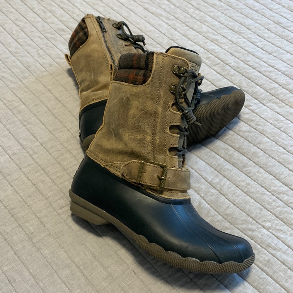 Women’s Sperry Saltwater Misty Tall Duck Boots Waterproof Brown Leather Size 6.5